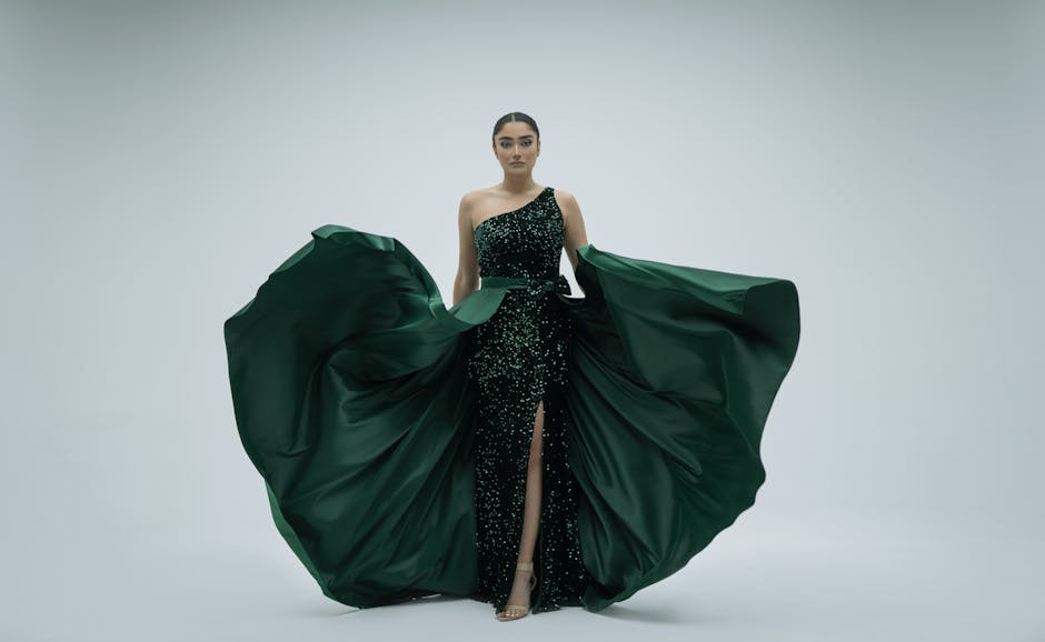 Emerald sequined cocktail dress with silk overskirt